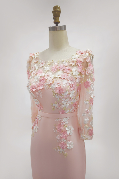 Dusty Rose Midi Bodycon Floral Mother of the Bride Dress with Sleeves