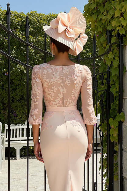 Dusty Rose Midi Bodycon Floral Mother of the Bride Dress with Sleeves