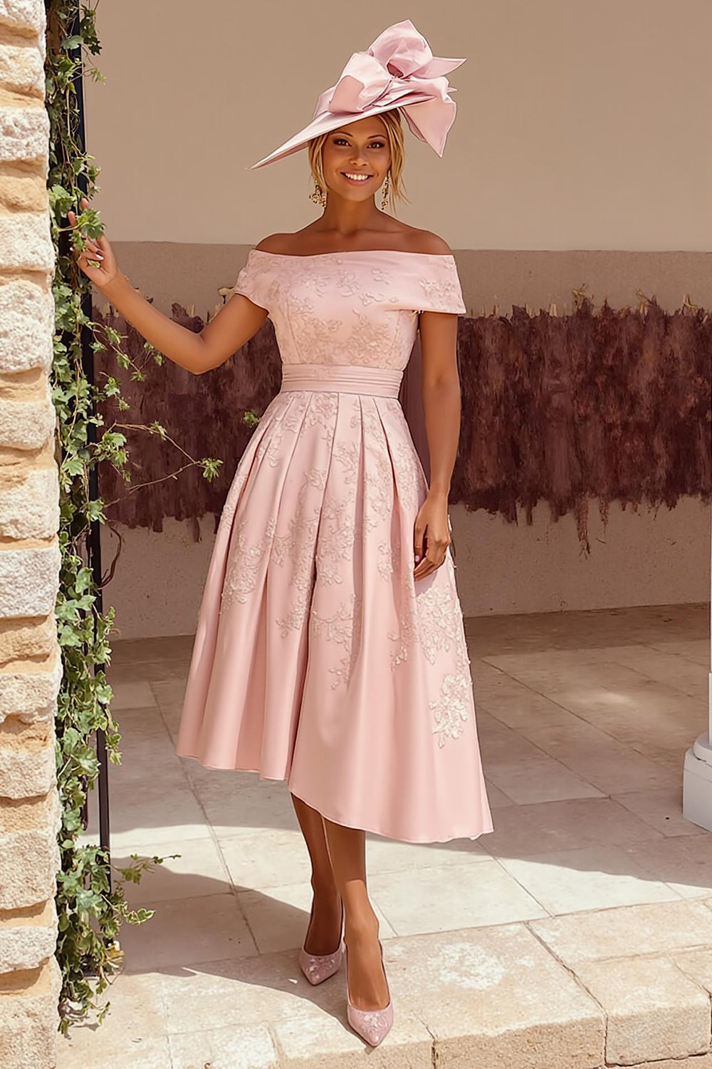 Leely Women Dusty Rose Midi Floral Mother of the Bride Dress Off the Shoulder A-Line Wedding Guest Dress