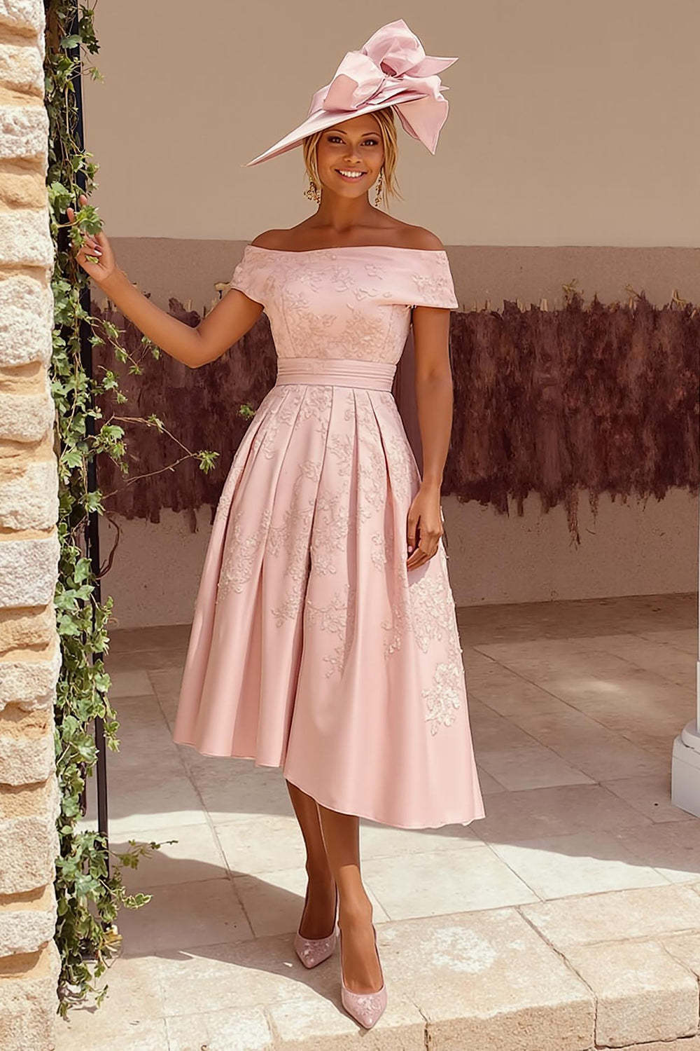 Leely Women Dusty Rose Midi Floral Mother of the Bride Dress Off the Shoulder A-Line Wedding Guest Dress