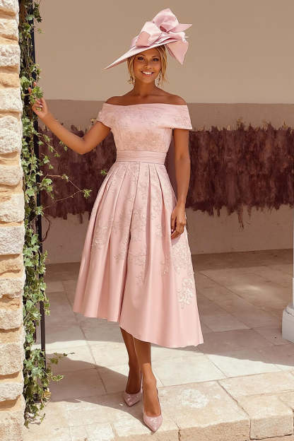 Leely Women Dusty Rose Midi Floral Mother of the Bride Dress Off the Shoulder A-Line Wedding Guest Dress