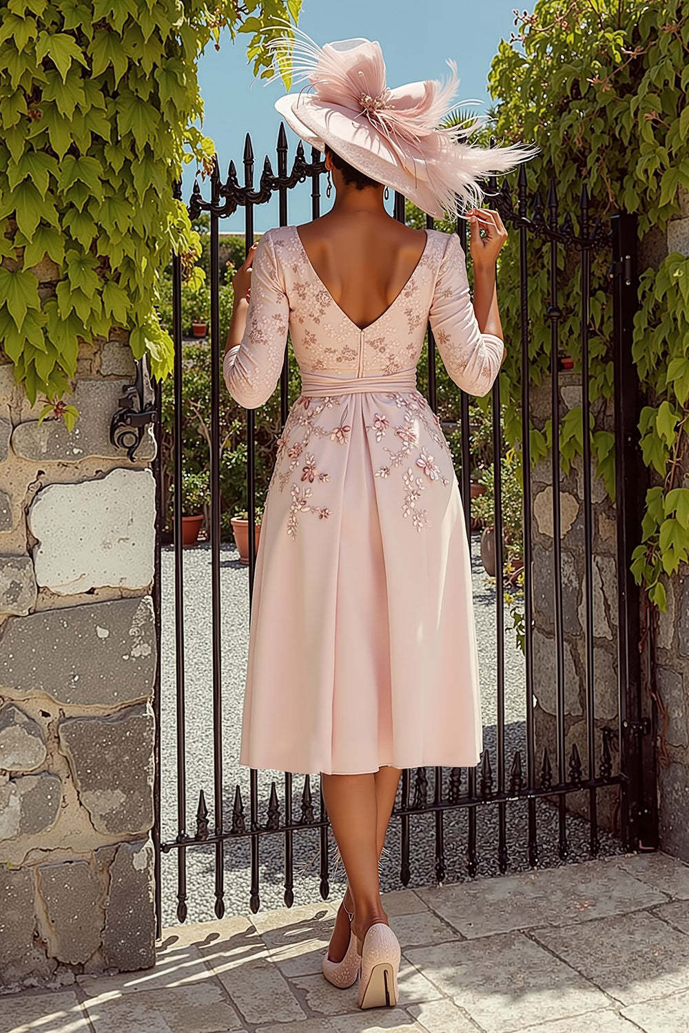 Floral Midi Dusty Rose A-Line Mother of the Bride Dress with Sleeves
