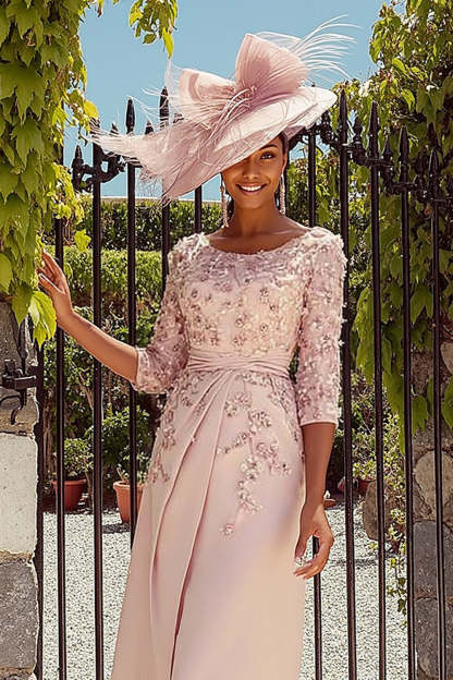 Floral Midi Dusty Rose A-Line Mother of the Bride Dress with Sleeves