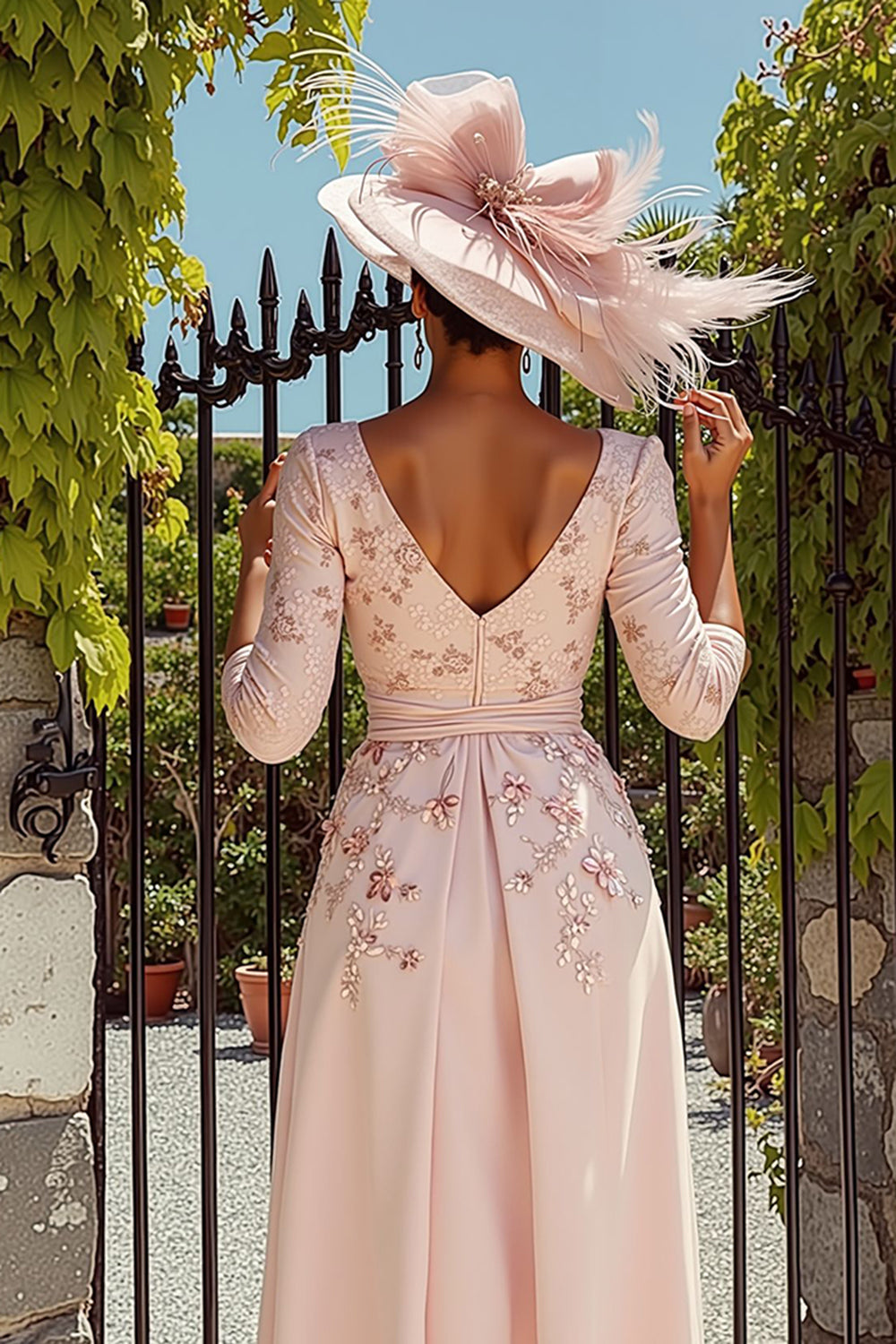 Floral Midi Dusty Rose A-Line Mother of the Bride Dress with Sleeves