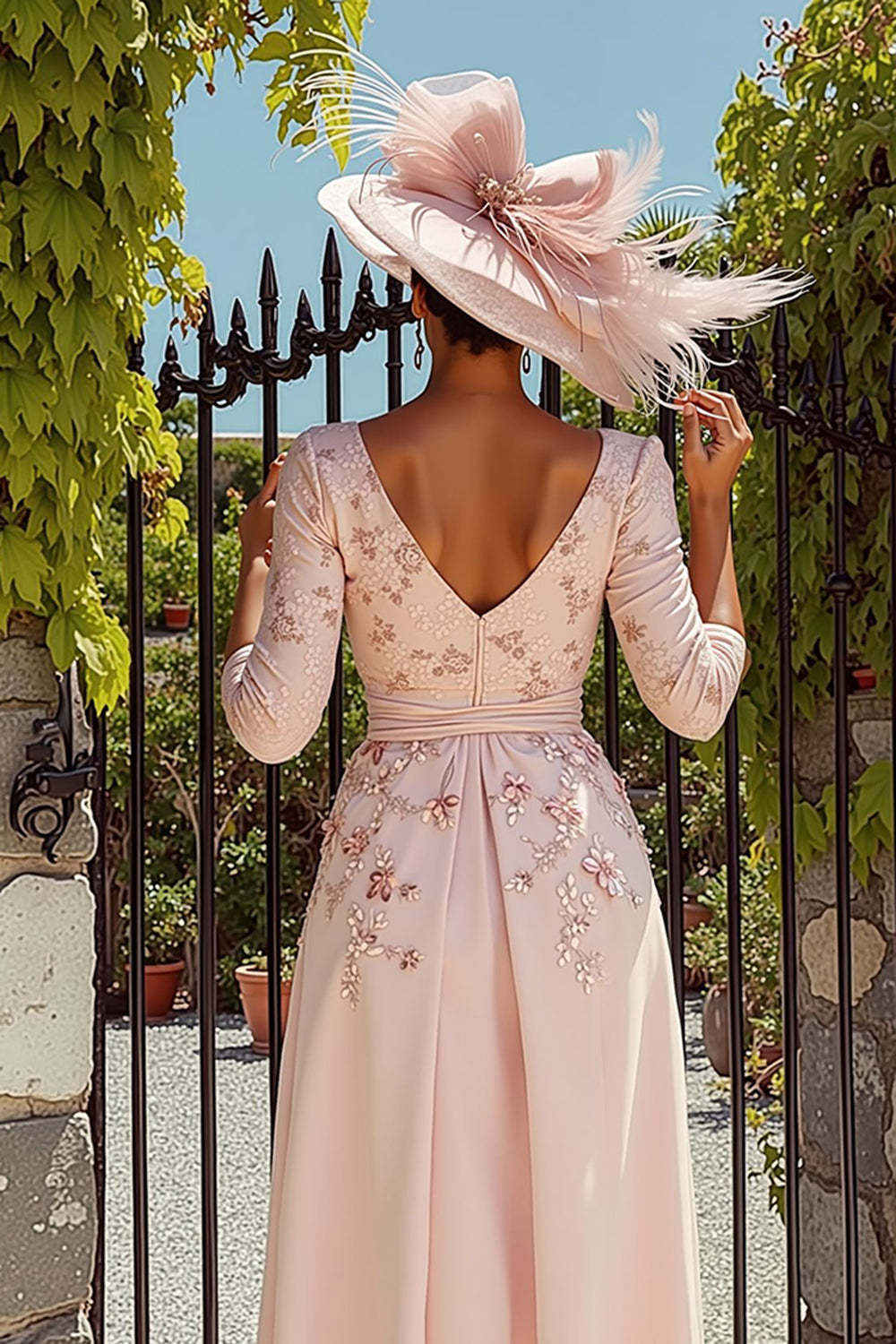 Floral Midi Dusty Rose A-Line Mother of the Bride Dress with Sleeves