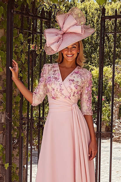 Dusty Rose V-Neck Floral A-Line Midi Mother of the Bride Dress