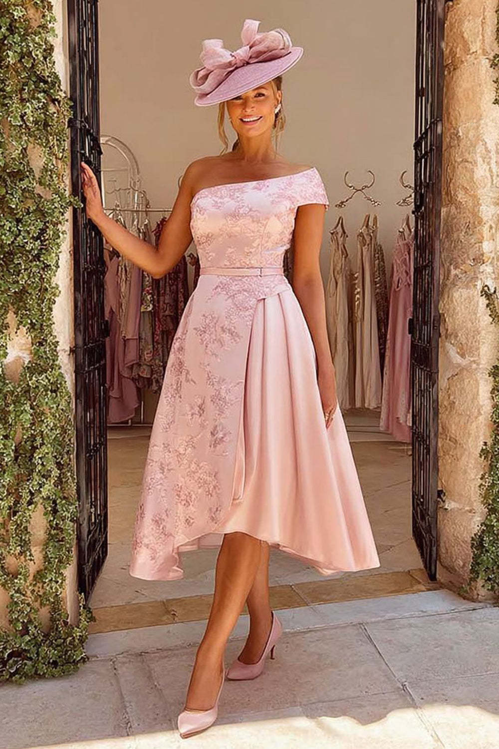 Leely Women Dusty Rose Floral Jacquard Midi Mother of the Bride Dress A Line One Shoulder Wedding Guest Dress