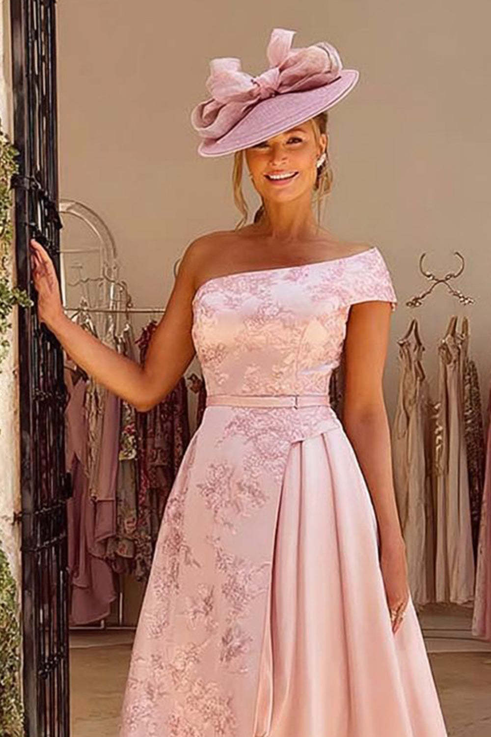 Dusty Rose A-Line One Shoulder Jacquard Midi Mother of the Bride Dress