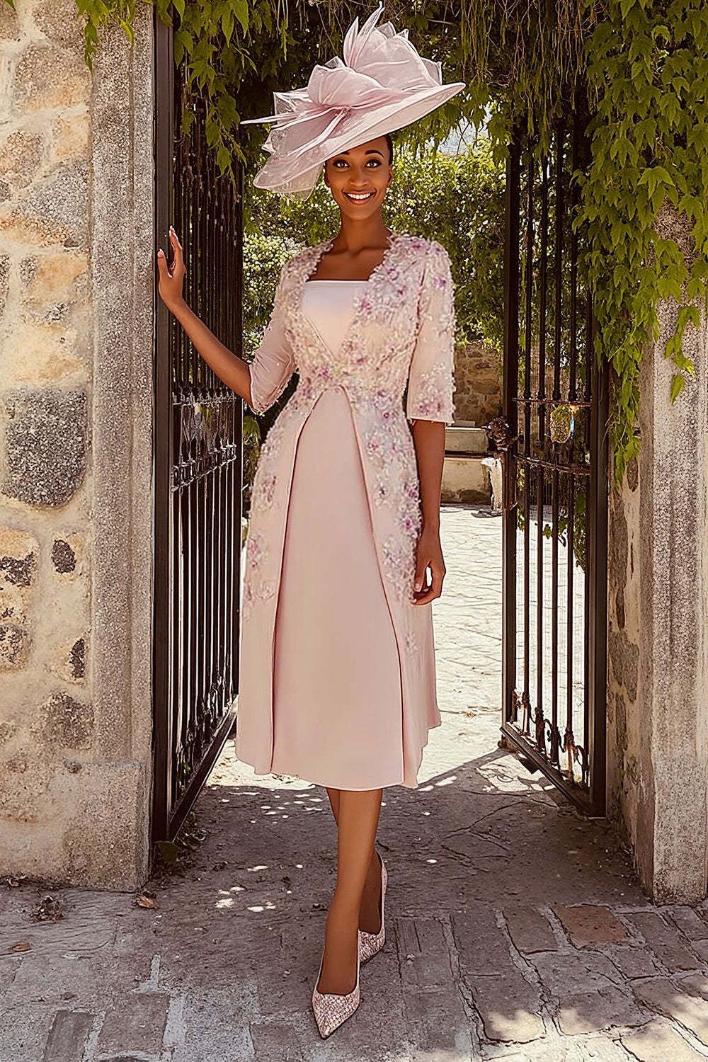 Leely Women Dusty Rose Bodycon Floral Midi Mother of the Bride Dress with Embroidery Half Sleeves Wedding Guest Dress