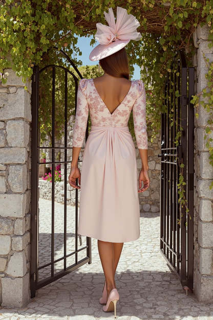 Floral Dusty Rose Ruched V-Neck Midi Mother of the Bride Dress with Sleeves