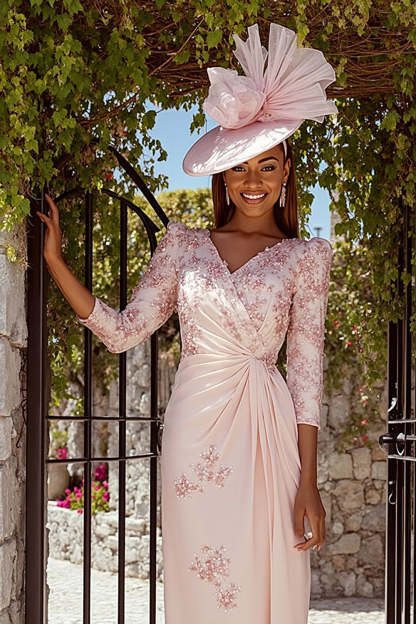 Floral Dusty Rose Ruched V-Neck Midi Mother of the Bride Dress with Sleeves