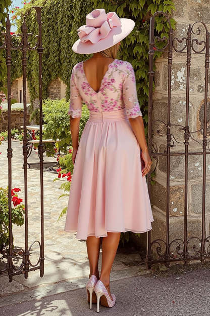 Dusty Rose A Line Floral Midi Mother of the Bride Dress with Sleeves
