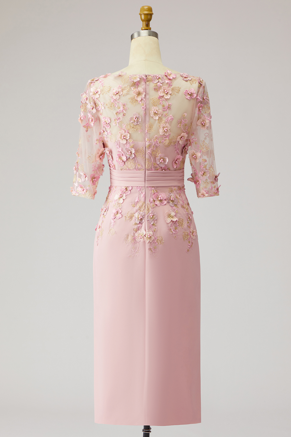 Dusty Rose Floral Boat Neck Midi Mother of the Bride Dress with Sleeves