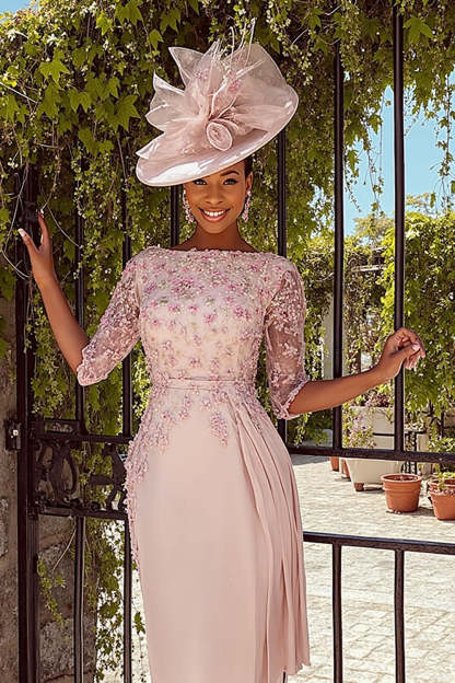Dusty Rose Bodycon Bateau Neck Midi Floral Mother of the Bride Dress