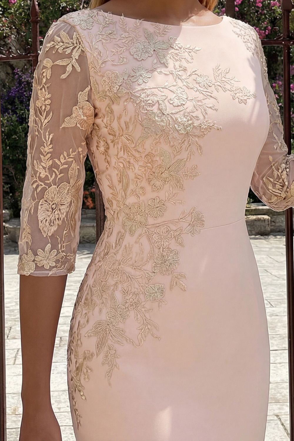 Candy Pink 3/4 Sleeves Bodycon Midi Mother of the Bride Dress with Embroidery