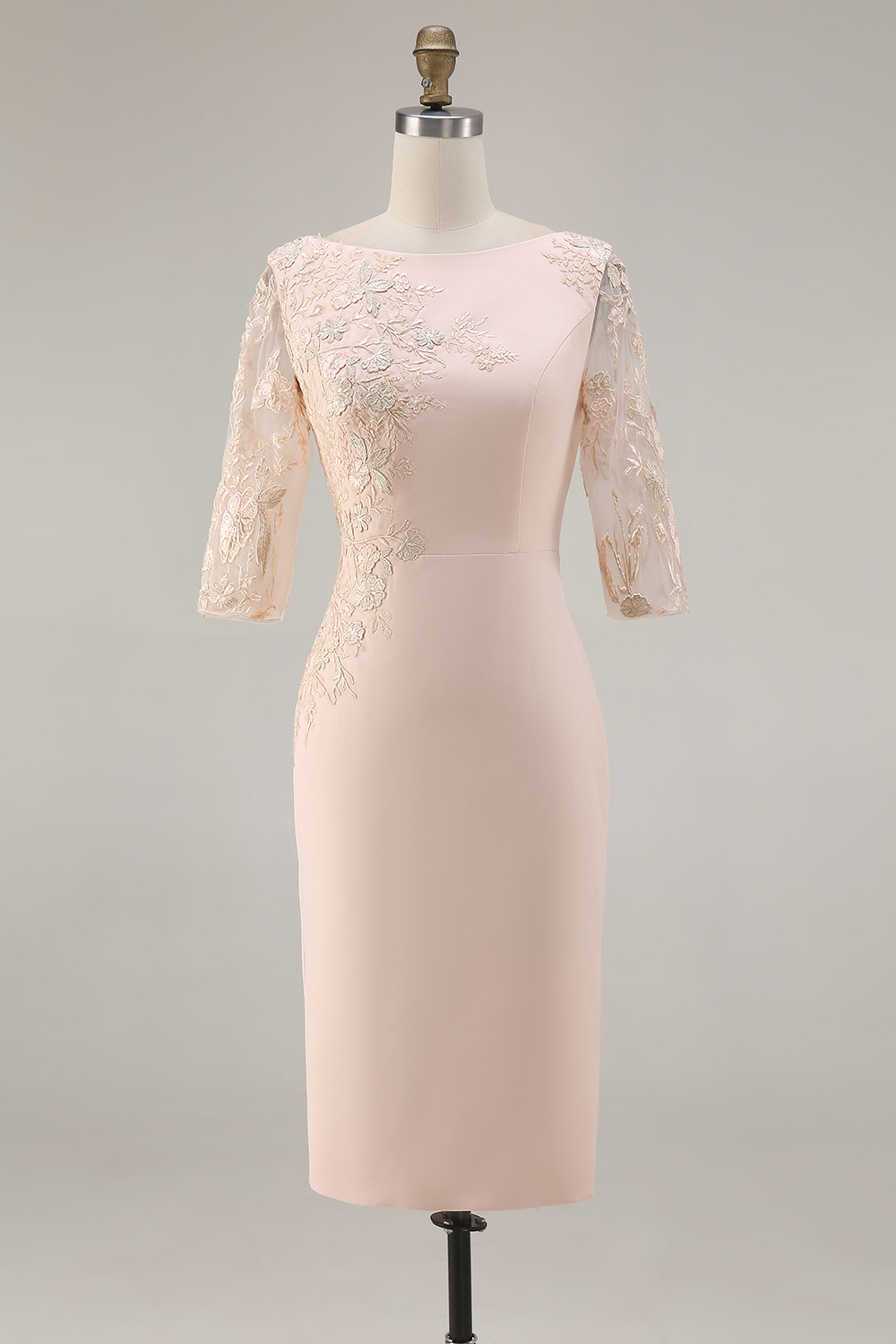 Candy Pink 3/4 Sleeves Bodycon Midi Mother of the Bride Dress with Embroidery