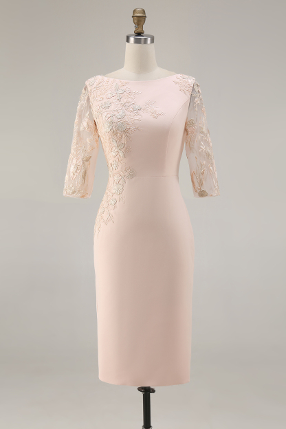 Candy Pink 3/4 Sleeves Bodycon Midi Mother of the Bride Dress with Embroidery