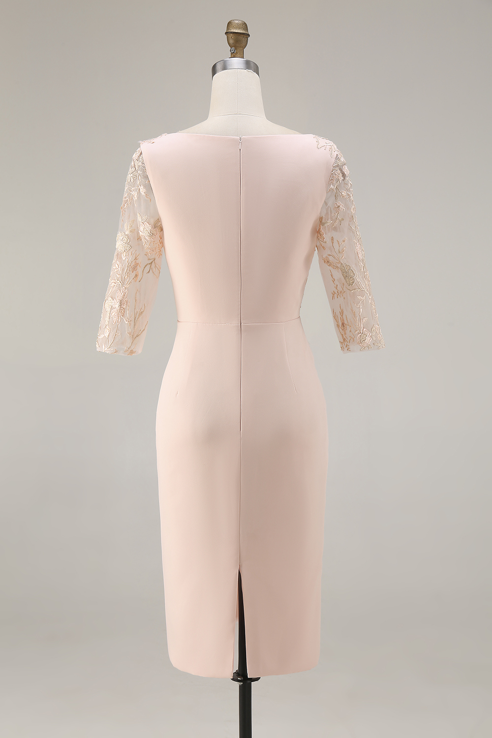 Candy Pink 3/4 Sleeves Bodycon Midi Mother of the Bride Dress with Embroidery