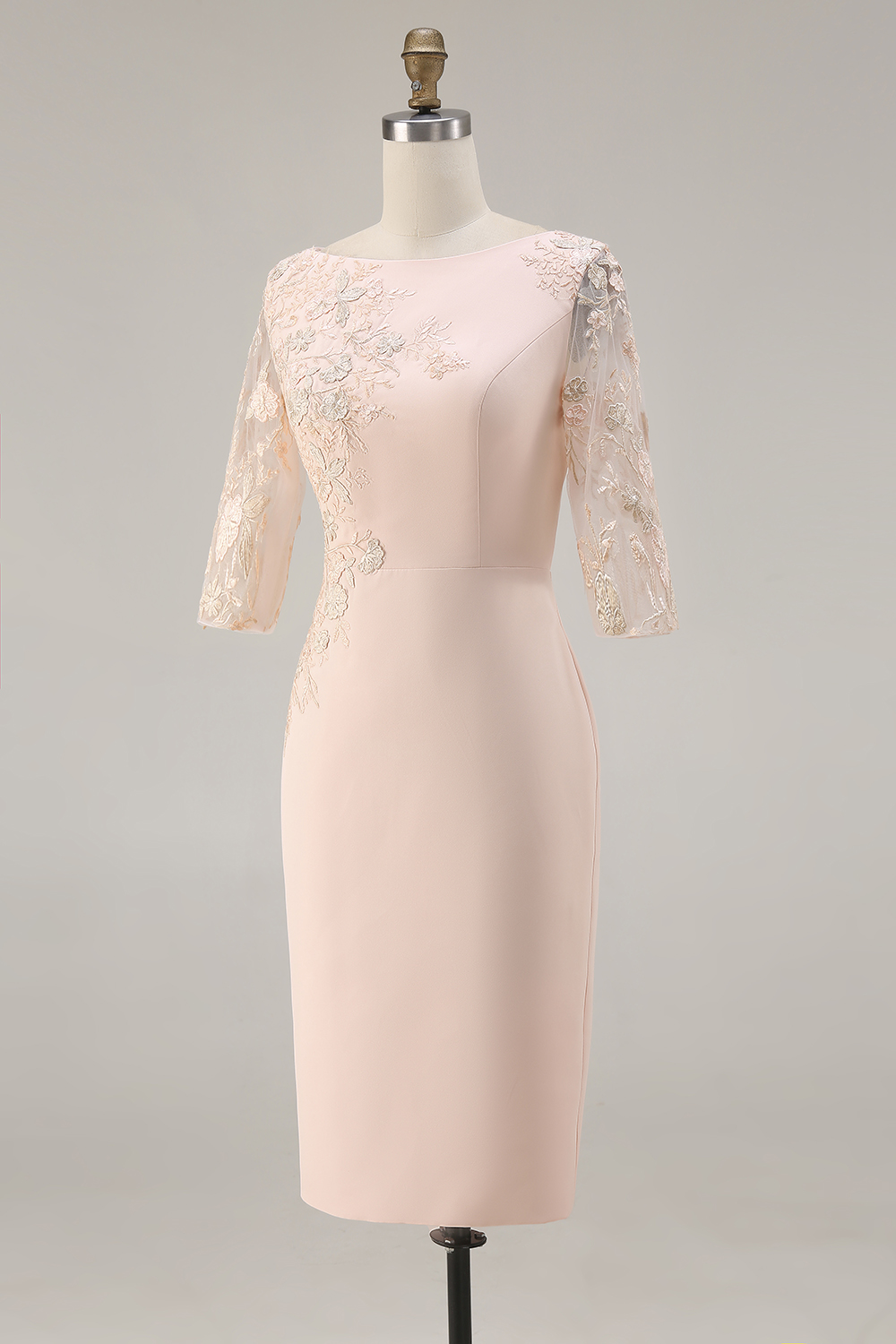 Candy Pink 3/4 Sleeves Bodycon Midi Mother of the Bride Dress with Embroidery