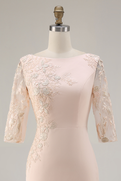 Candy Pink 3/4 Sleeves Bodycon Midi Mother of the Bride Dress with Embroidery
