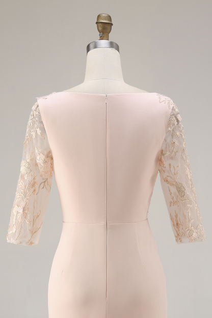 Candy Pink 3/4 Sleeves Bodycon Midi Mother of the Bride Dress with Embroidery