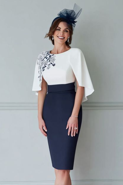 Leely Women White and Navy Midi Floral Mother of the Bride Dress with Appliques Bodycon Round Neck Wedding Guest Dress with Sleeves