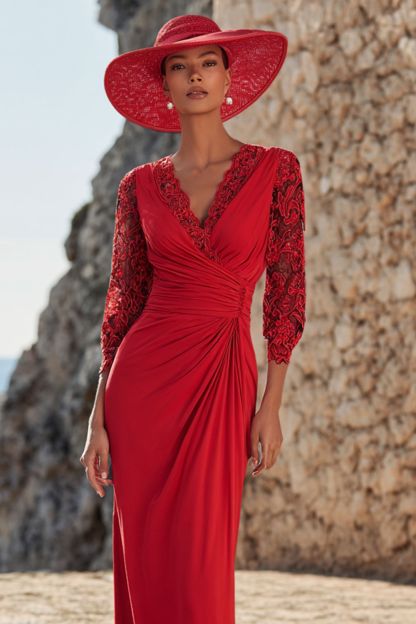 Red Ruched Long Sleeves Mother of the Bride Dress with Lace