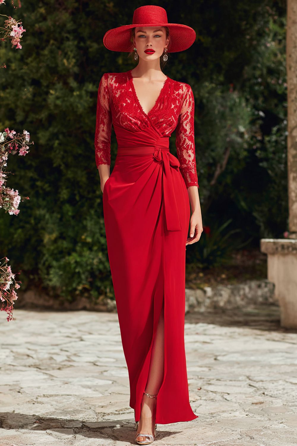 Leely Women Red Long Sheath Mother of the Bride Dress with Slit 3/4 Sleeves V-Neck Lace Satin Ruched Wedding Guest Dress with Sash