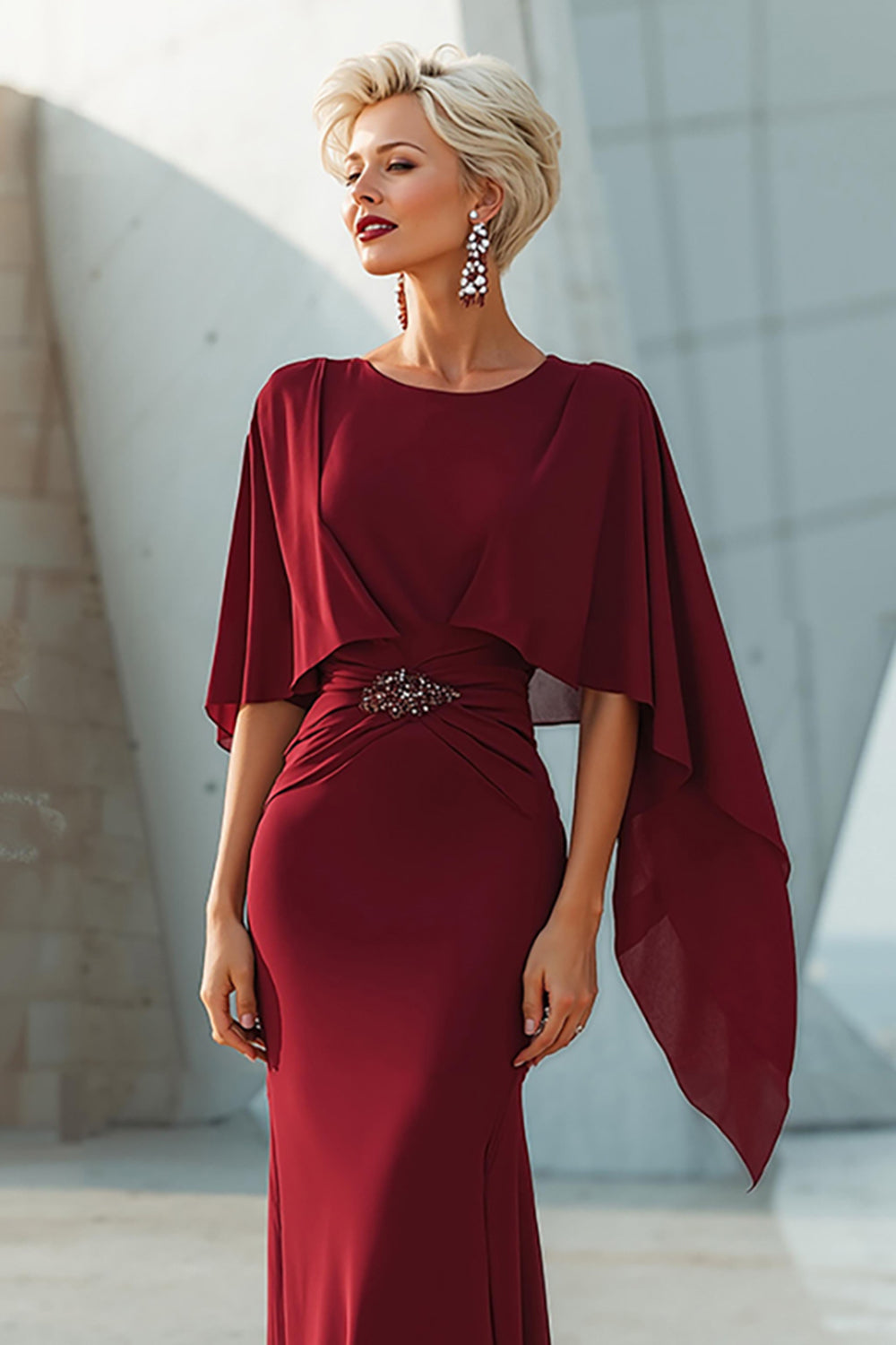 Elegant Burgundy Mermaid Long Mother of the Bride Dress with Cape