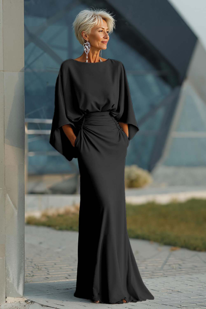 Silver Satin Mermaid Long Mother of the Bride Dress with Pockets