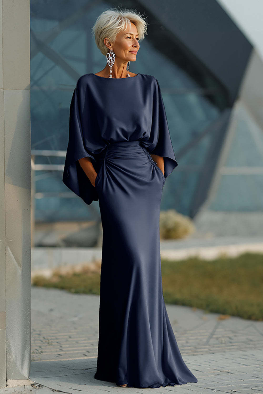 Silver Satin Mermaid Long Mother of the Bride Dress with Pockets