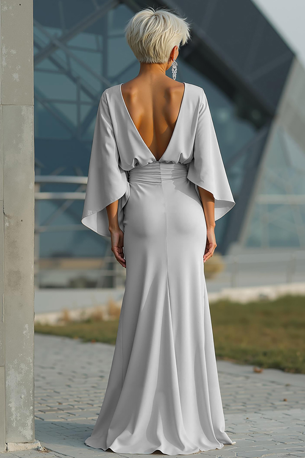 Silver Satin Mermaid Long Mother of the Bride Dress with Pockets