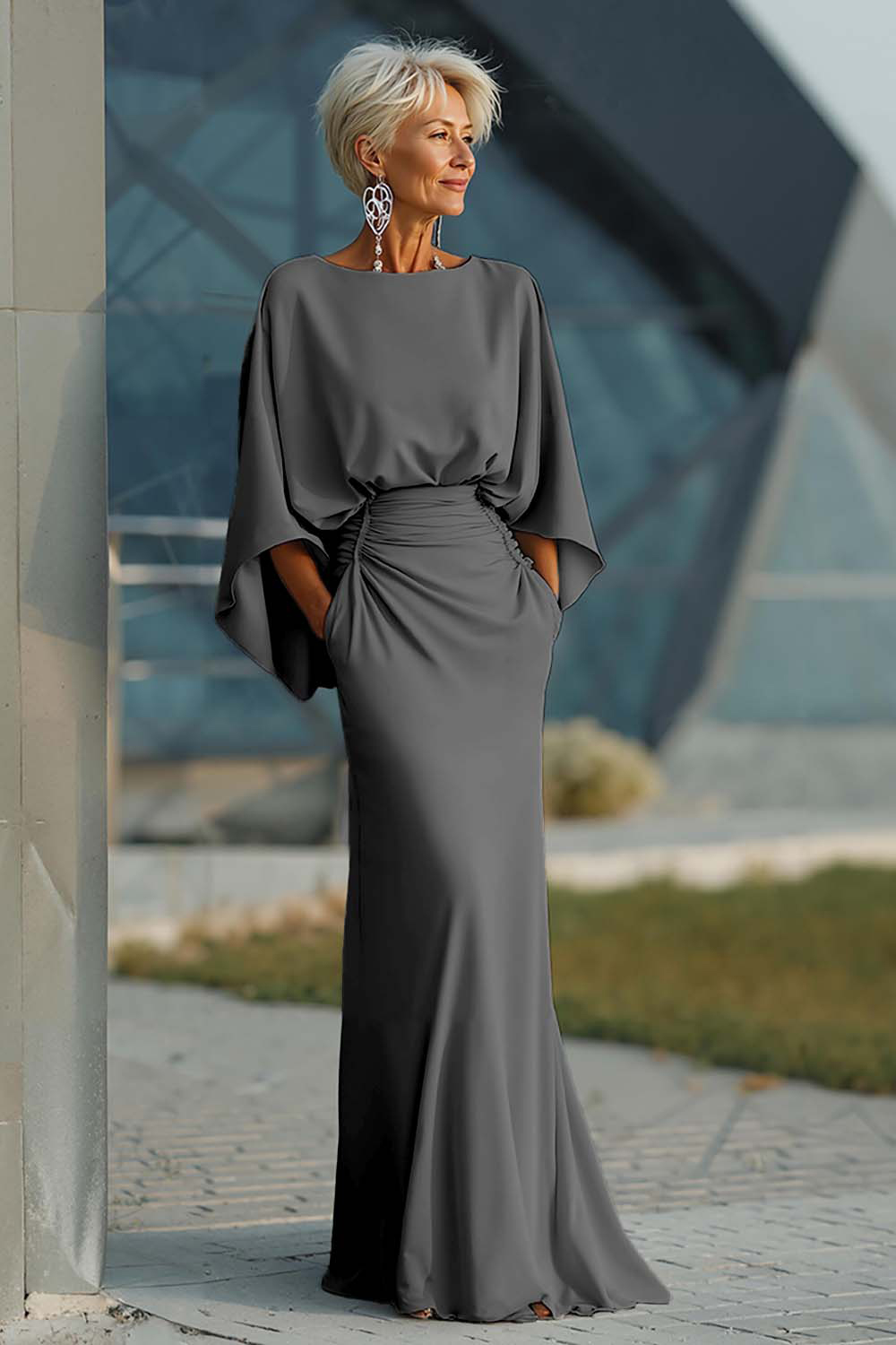 Silver Satin Mermaid Long Mother of the Bride Dress with Pockets