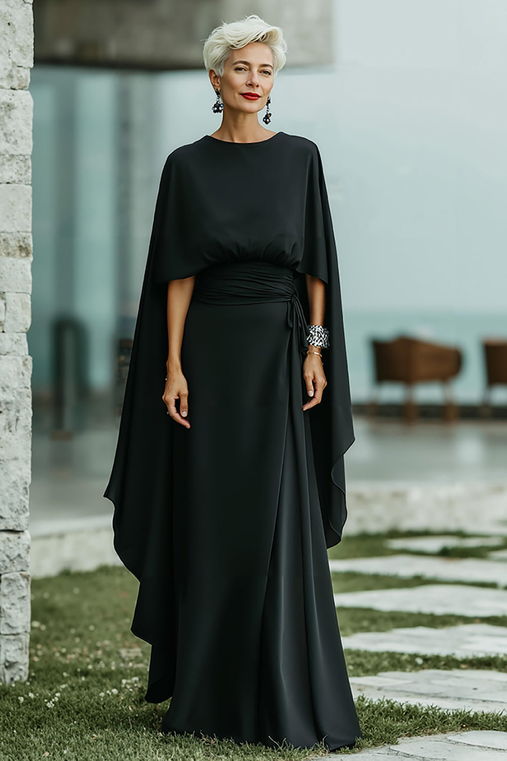 Leely Women Black Long Chiffon Mother of the Bride Dress with Cape Round Neck Ruched Black Tie Dress