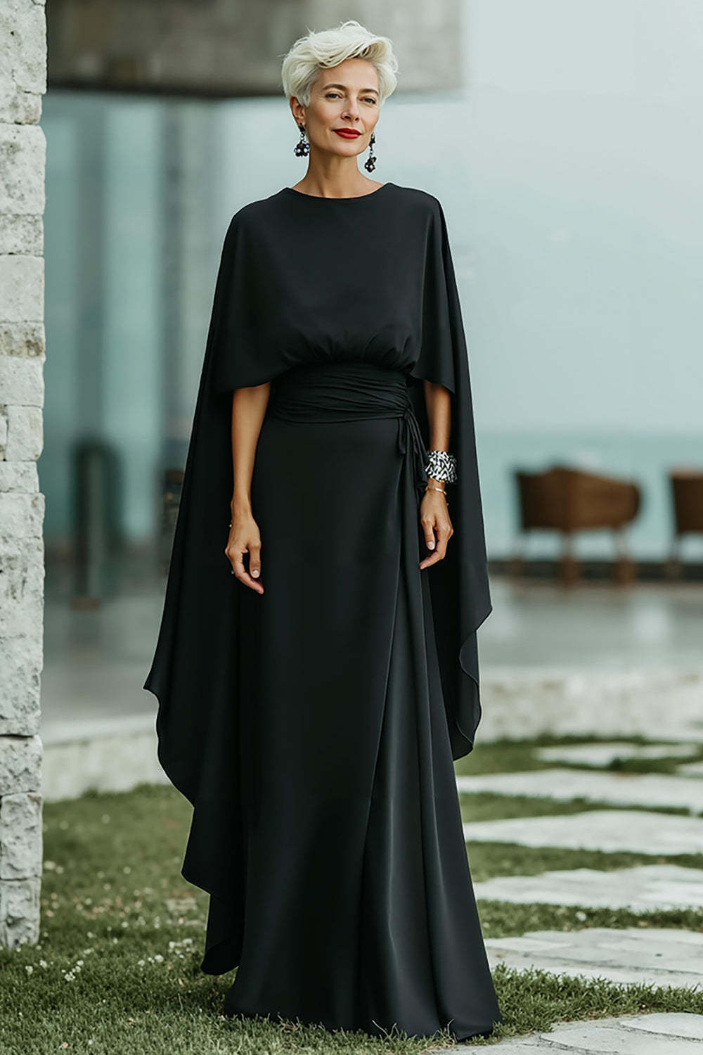 Leely Women Black Long Chiffon Mother of the Bride Dress with Cape Round Neck Ruched Black Tie Dress