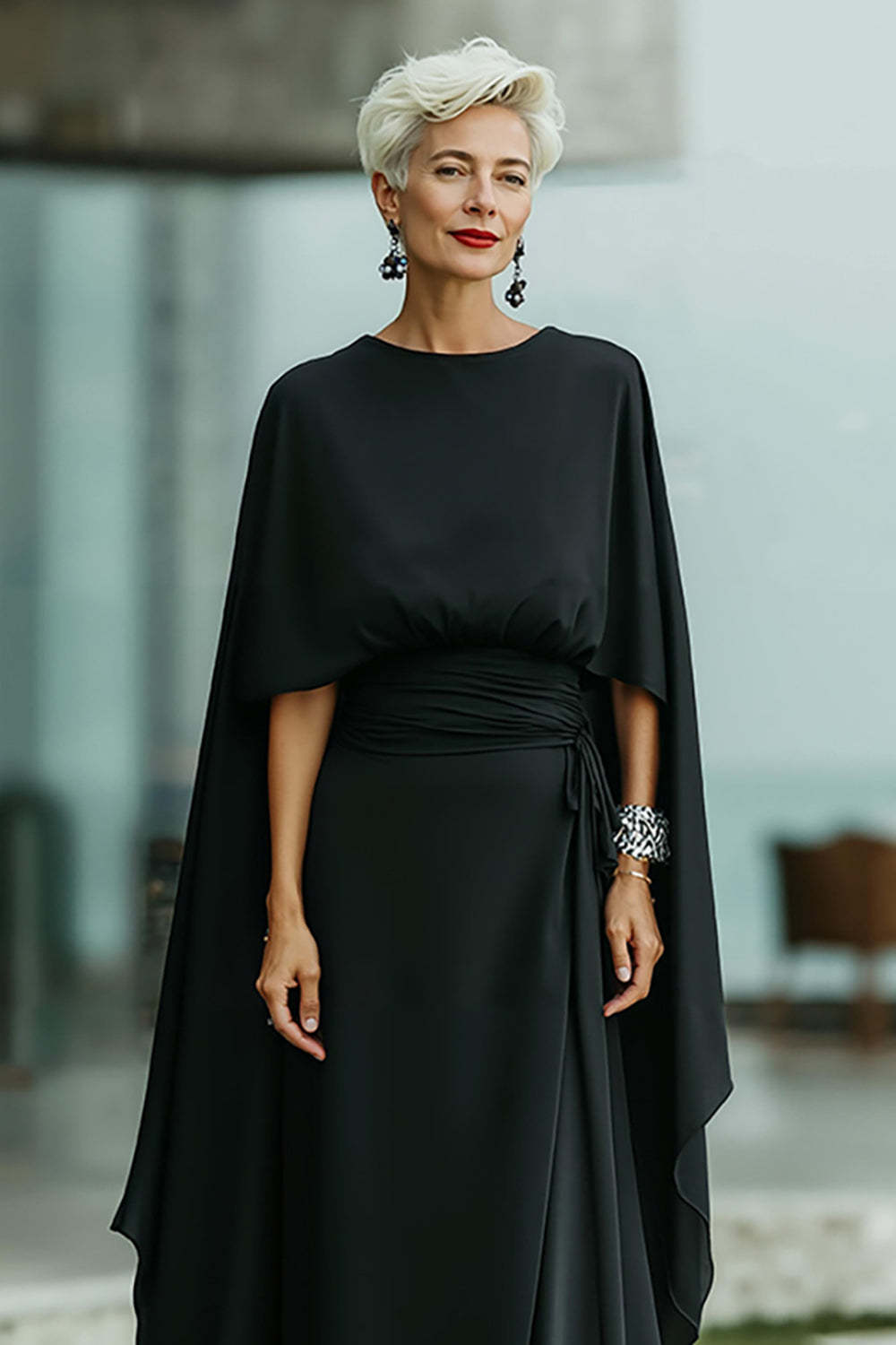 Black Round Neck Long Chiffon Mother of the Bride Dress with Cape
