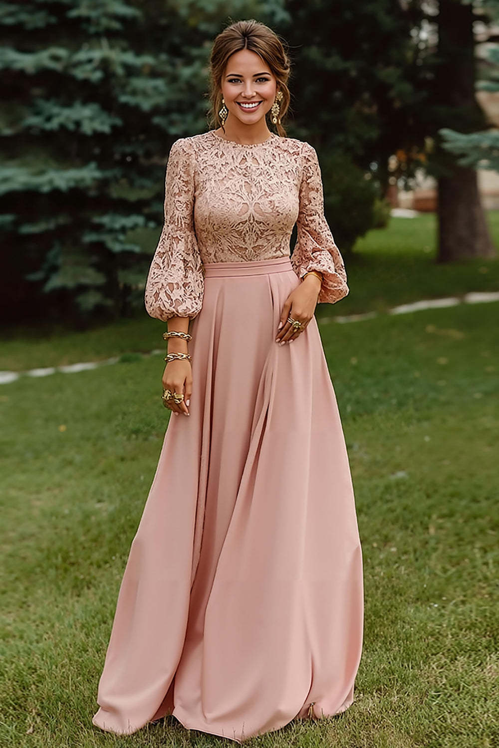 Leely Women Dusty Rose Floor Length Long Sleeves Mother of the Bride Dress with Lace A Line Ruched Wedding Guest Dress