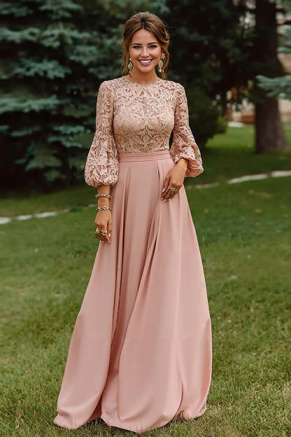 Leely Women Dusty Rose Floor Length Long Sleeves Mother of the Bride Dress with Lace A Line Ruched Wedding Guest Dress
