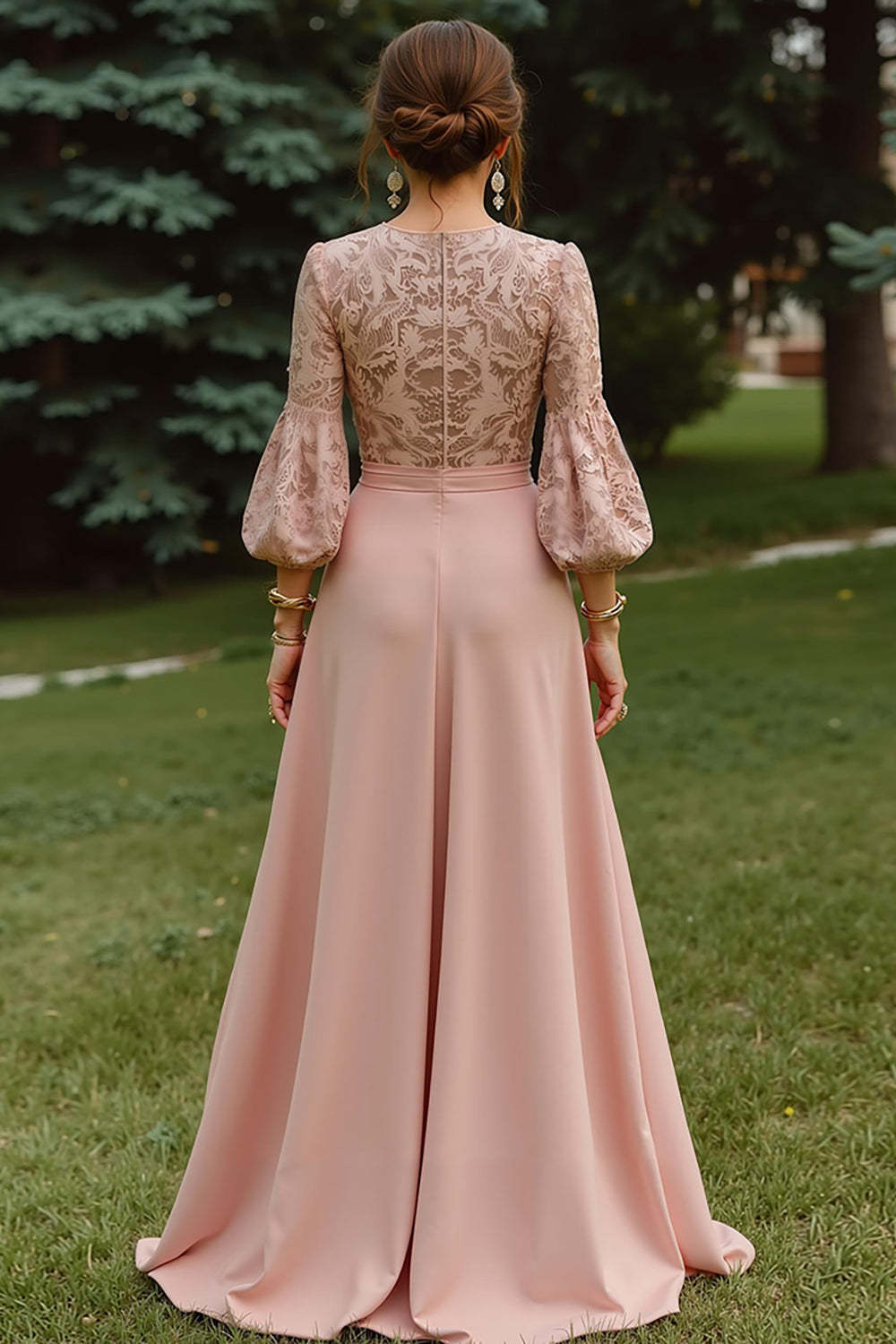 Dusty Rose Long Sleeves A Line Long Mother of the Bride Dress with Lace