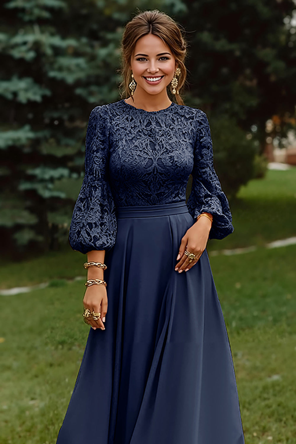 Dusty Rose Long Sleeves A Line Long Mother of the Bride Dress with Lace