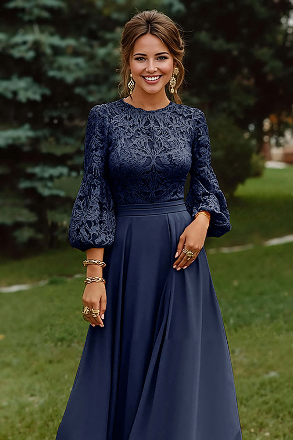 Dusty Rose Long Sleeves A Line Long Mother of the Bride Dress with Lace