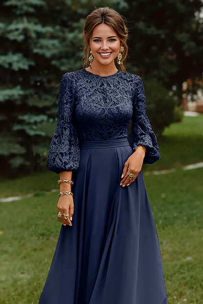 Dusty Rose Long Sleeves A Line Long Mother of the Bride Dress with Lace