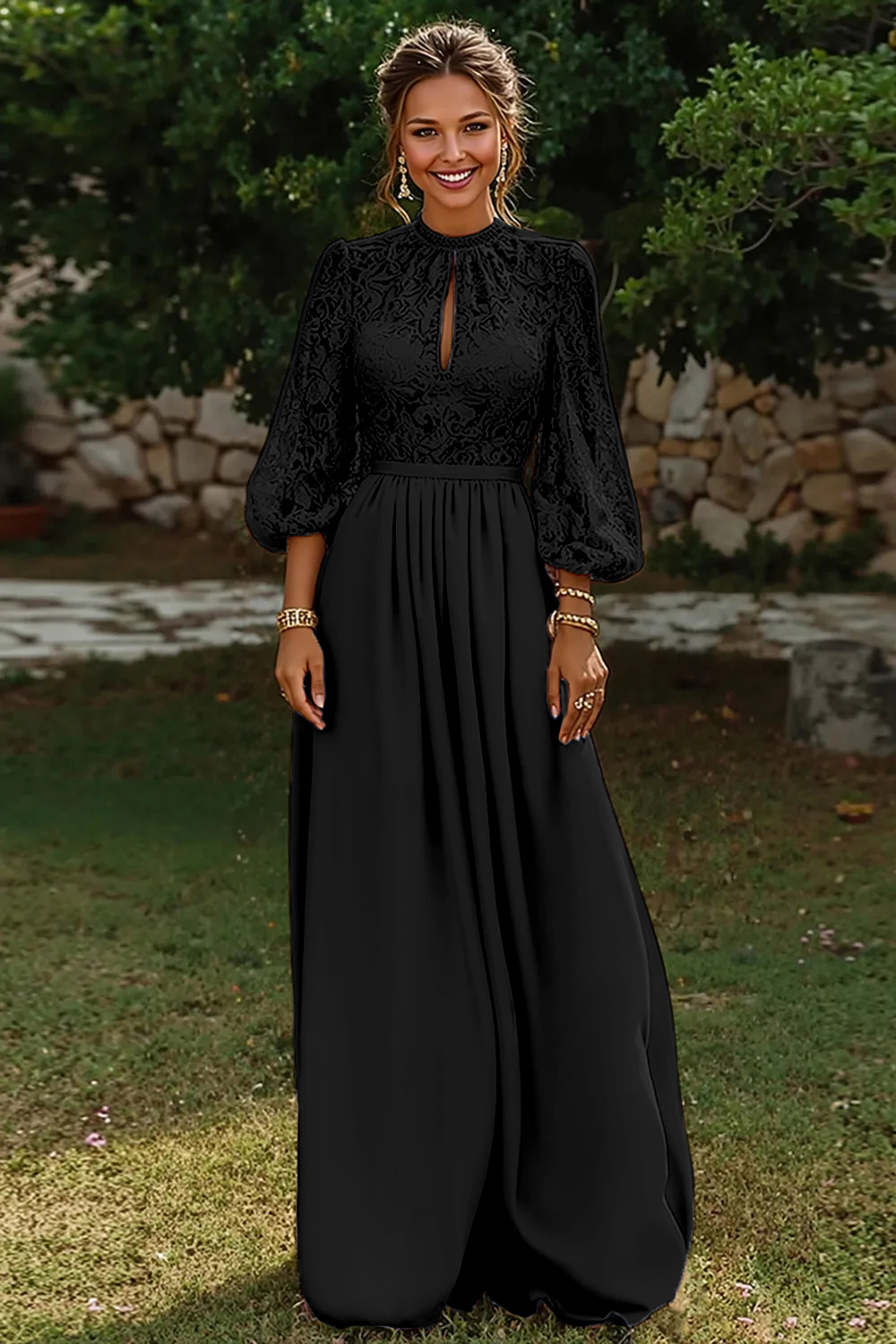 Dusty Blue Puff Sleeves Long A Line Mother of the Bride Dress with Keyhole