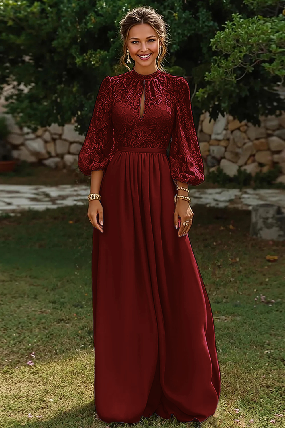 Leely Women Dusty Blue Long A Line Mother of the Bride Dress with Keyhole Puff Sleeves Ruched Wedding Guest Dress with Lace