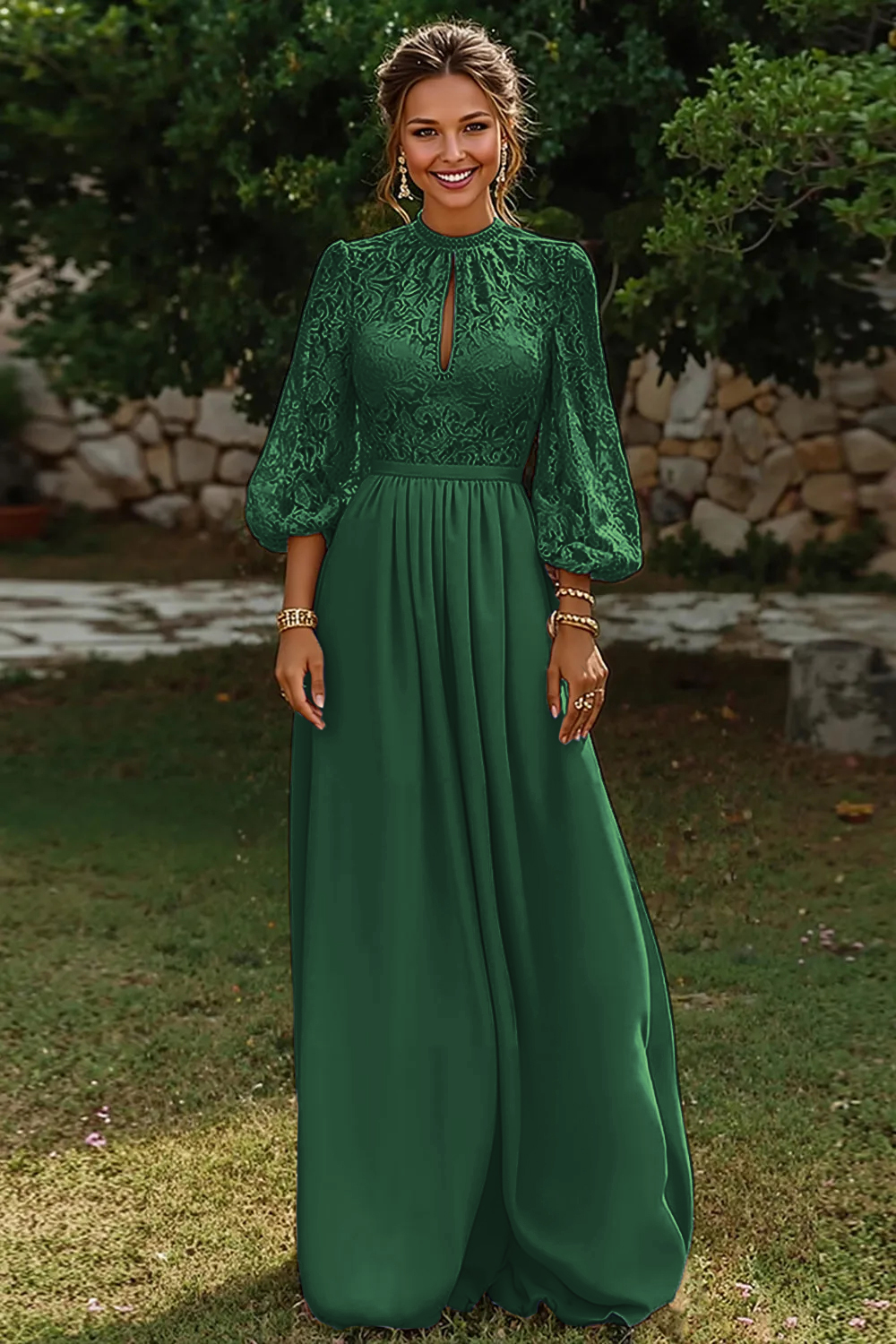 Dusty Blue Puff Sleeves Long A Line Mother of the Bride Dress with Keyhole