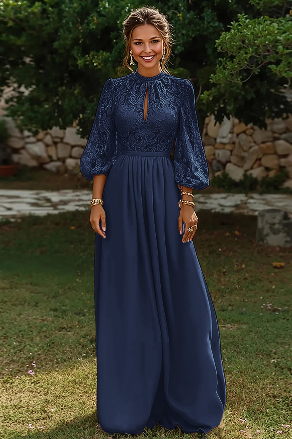 Dusty Blue Puff Sleeves Long A Line Mother of the Bride Dress with Keyhole
