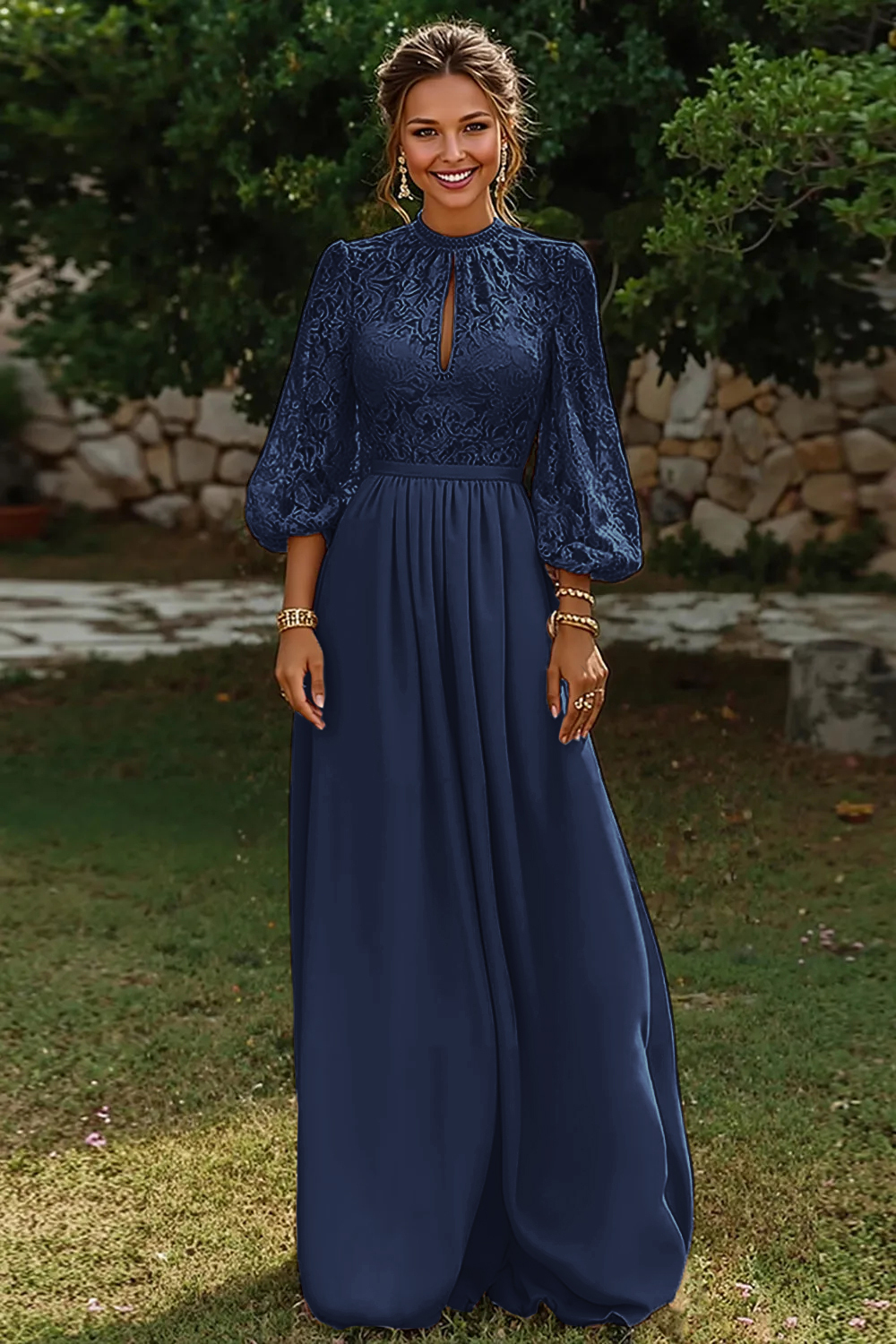 Dusty Blue Puff Sleeves Long A Line Mother of the Bride Dress with Keyhole
