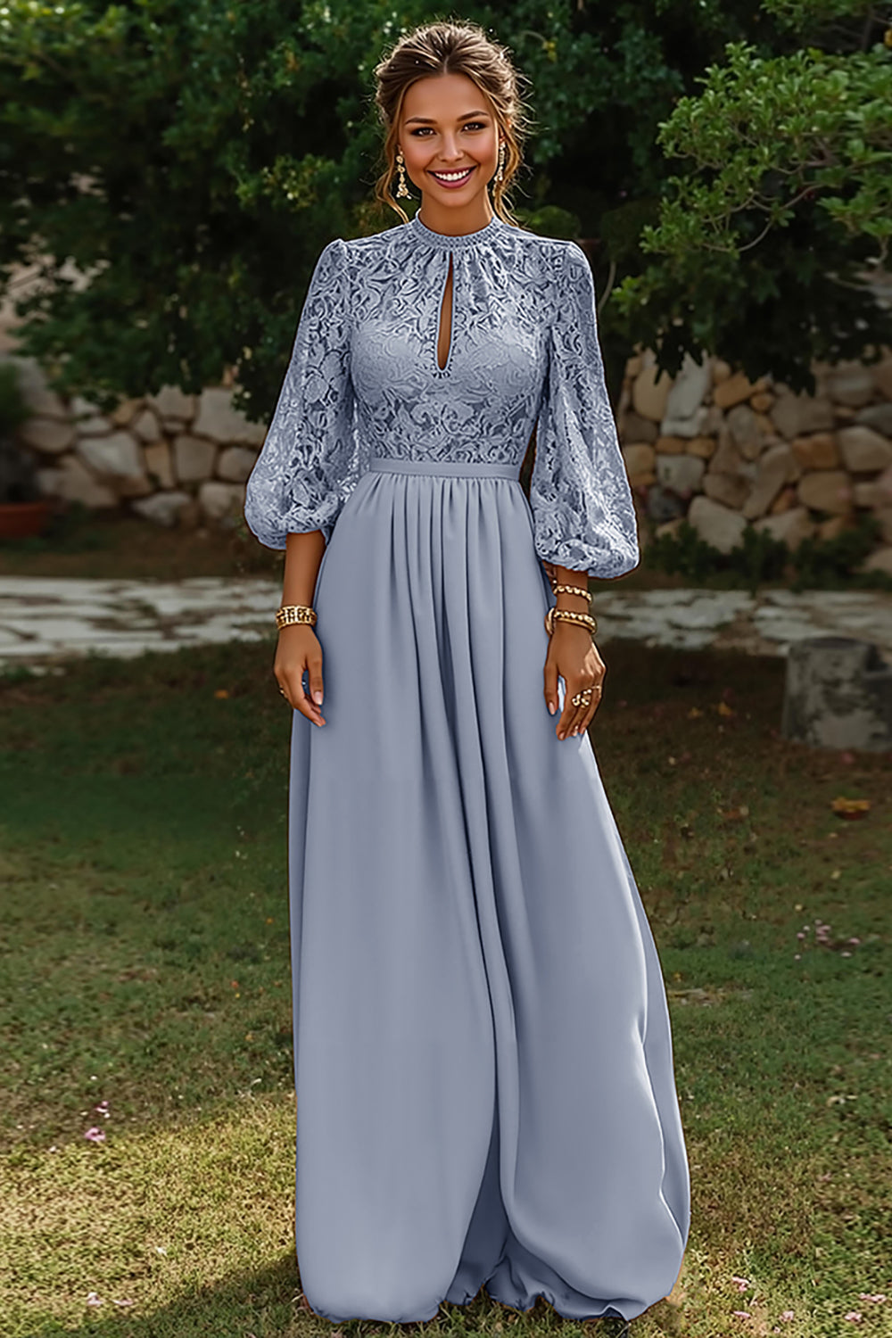 Leely Women Dusty Blue Long A Line Mother of the Bride Dress with Keyhole Puff Sleeves Ruched Wedding Guest Dress with Lace