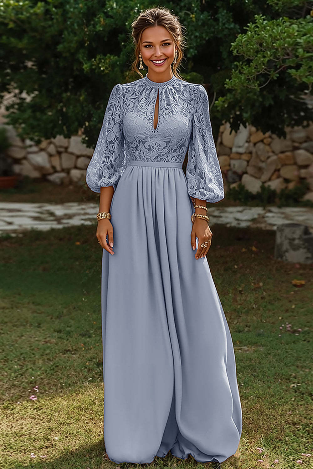 Leely Women Dusty Blue Long A Line Mother of the Bride Dress with Keyhole Puff Sleeves Ruched Wedding Guest Dress with Lace