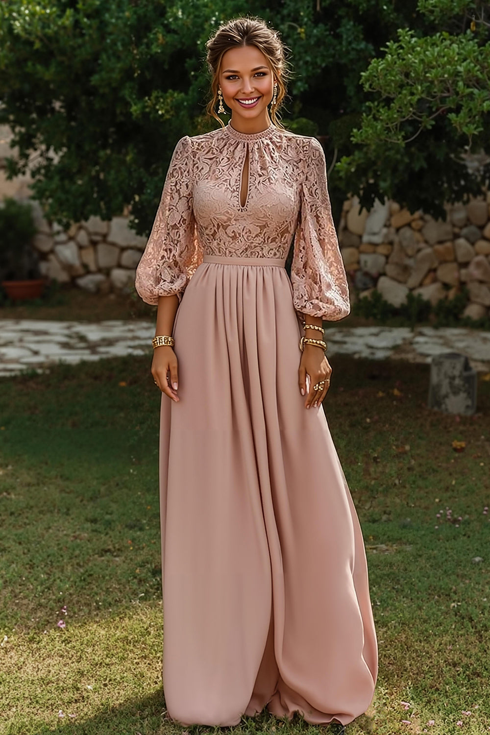 Dusty Blue Puff Sleeves Long A Line Mother of the Bride Dress with Keyhole
